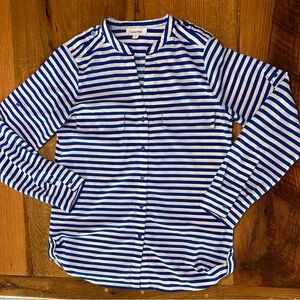 Calvin Klein Cobalt Blue and White Striped Button Front V-Neck Top, Size Small